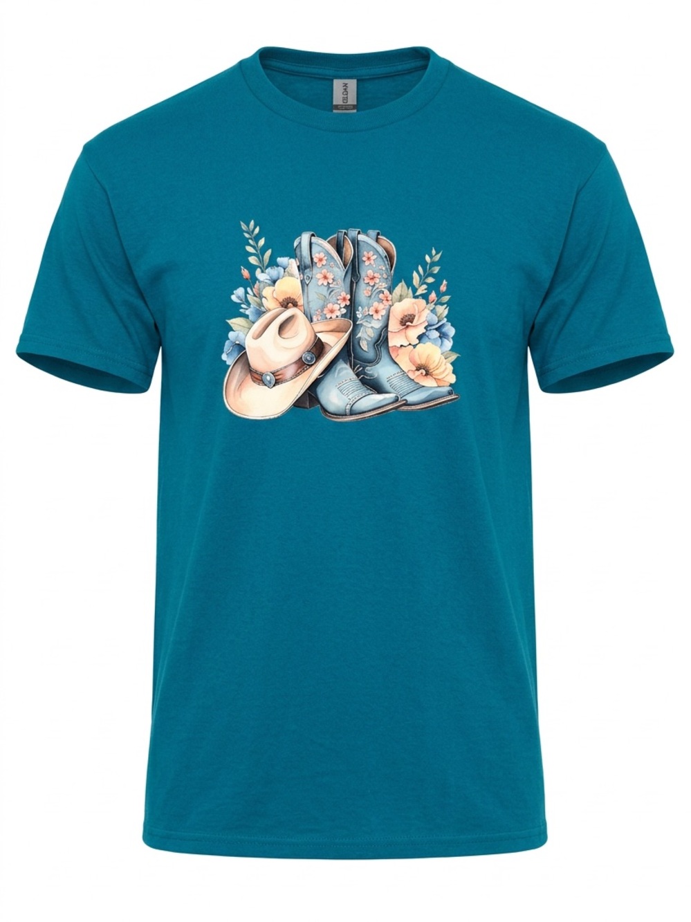 Women’s Sapphire Blue Premium Quality “Cowgirl Boots and Hat” T Shirt Sz XL